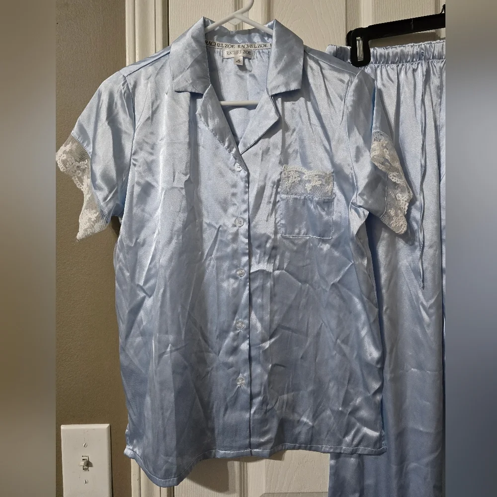 Rachel Zoe Satin Pajama Set, Light Blue w/Lace Detail, Bridal, Feminine, EUC!